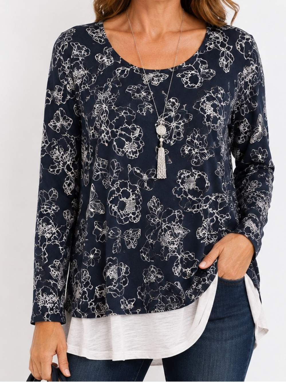 J. Jill Navy Floral Layered Tunic Top Medium Butterfly Print Long Sleeve